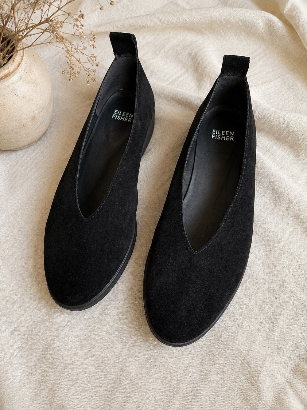 Eileen Fisher Black Suede Platform Slip-On Shoes Size 8
